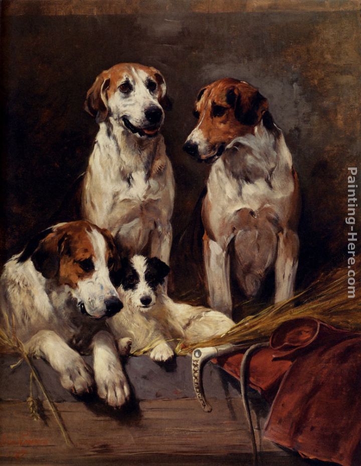 Three Hounds With A Terrier painting - John Emms Three Hounds With A Terrier art painting
